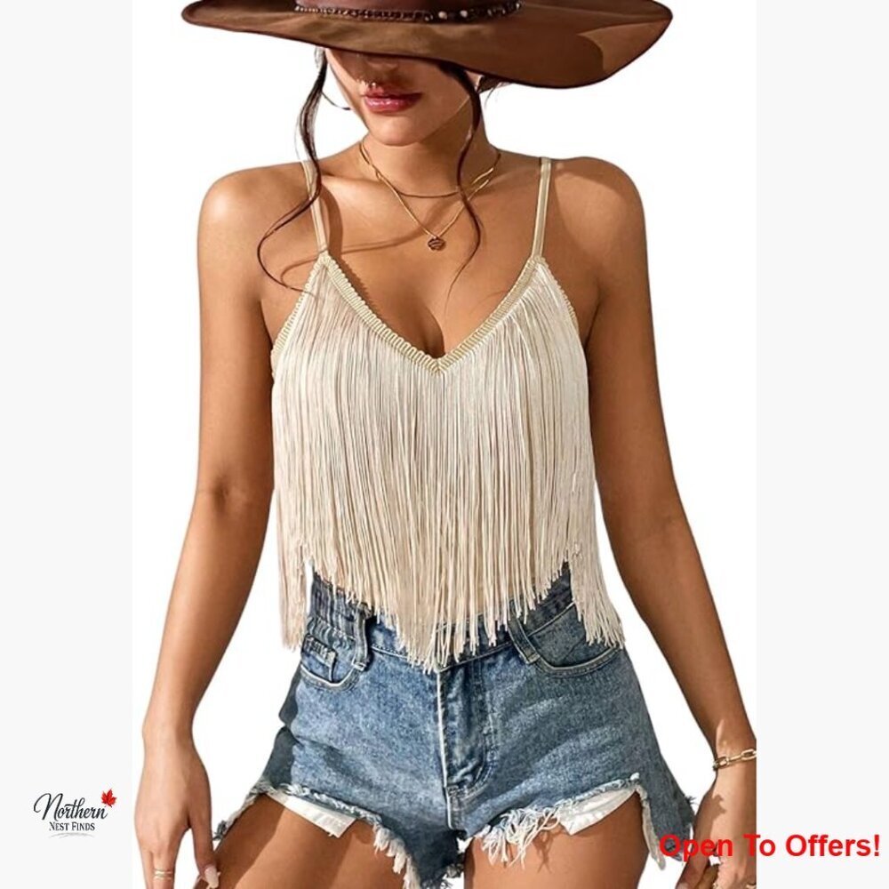 Fringe Halter Tank Top with V-Neck Backless Design